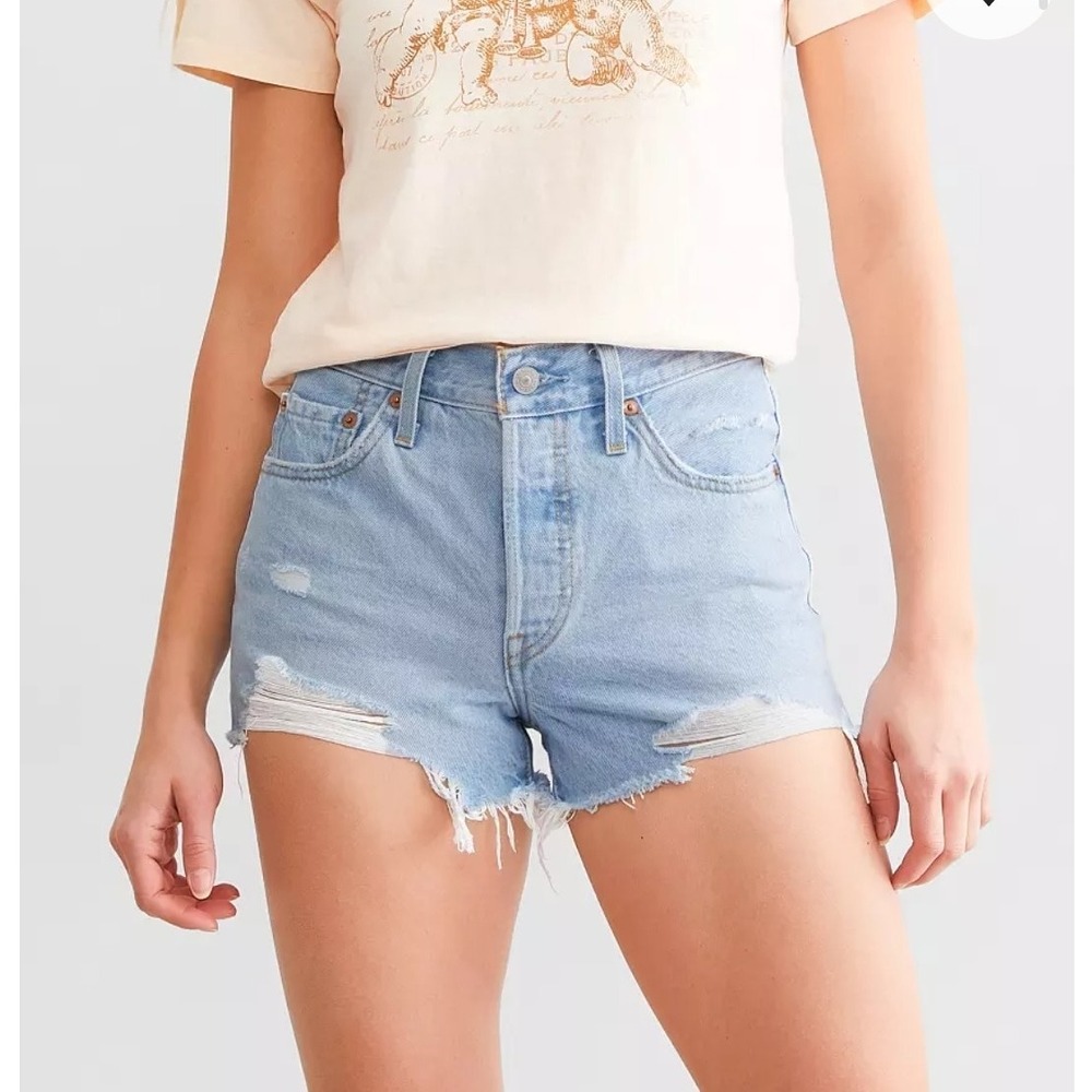 Levi's 501 Jean Shorts Hi Rise Button Fly Lightwash Destressed Rawhem Womens 20W
